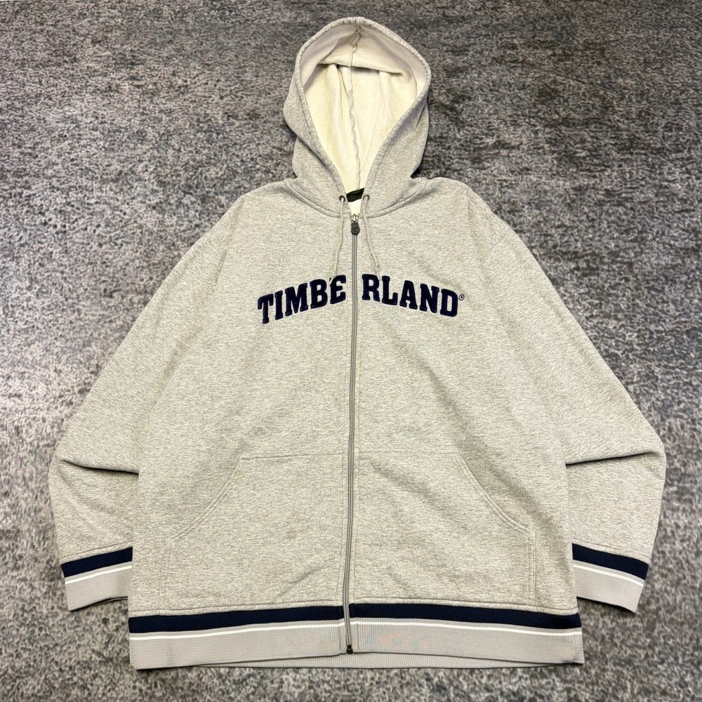 VTG Y2K Timberland Zip Up Hoodie Mens XL Gray Spell Out Streetwear Sweatshirt